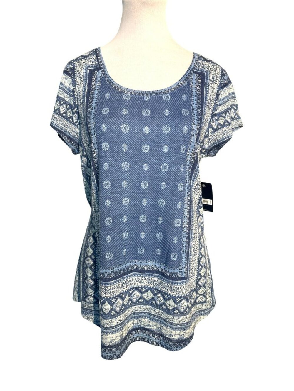 NWT Lucky Brand Blue Bohemian Print Short Sleeve Scoop Neck Top Size M